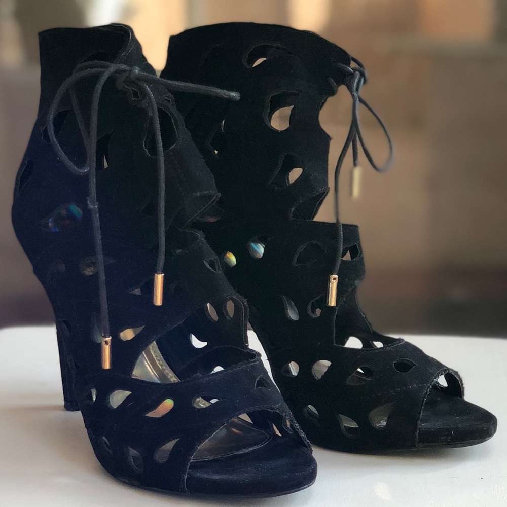 Black caged heels